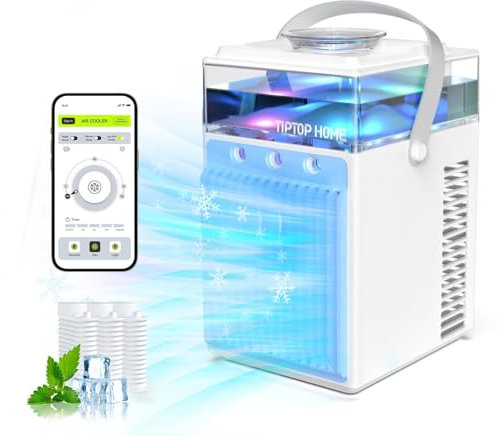 Aire Acondicionado Portátil, 4 en 1 Mini Enfriador de Aire Portátil Ventilador de Enfriamiento de Aire Personal Pequeño USB con 7 Colores LED, 3 Modo niebla y 3 Velocidades para Coche, Oficina, Hogar