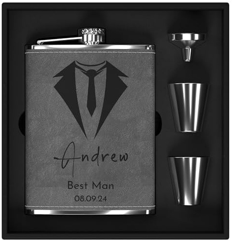 Personalisierter Hochzeitsfläschchen für Trauzeugen, 220 ml, personalisiertes Hüftglas für Likör, Flasche für Männer, aus Edelstahl 304, Gravur für den besten Freund zur Hochzeit, Grau