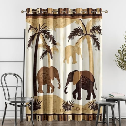 SZLYZM Vorhänge Afrikanische Elefanten, Verdunkelungsvorhang 2er Set - Vorhang Blickdicht Palme Muster, Thermovorhang für Deko Wohnzimmer Schlafzimmer, Gardinen mit Ösen 137x117 cm (HxB)