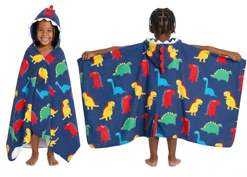 OLAOLA Dinosaur Printed Hooded Towel for Kids 3-12 Years, 28 x 53 Soft Thick Microfiber Ultra Absorbent Bath Towel Wrap, Beach Pool Swim Poncho for Boys Girls Toddler