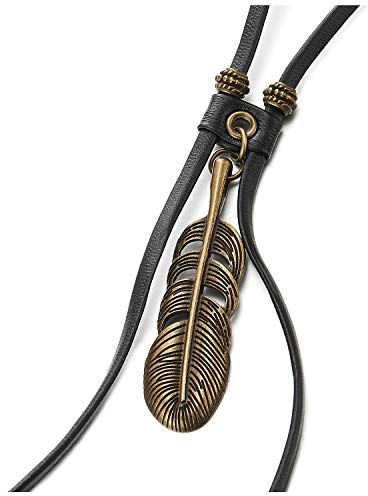 COOLSTEELANDBEYOND Gealtertes Messing Feder Blatt Bolo Tie Krawatte, Lariat Halskette, Schwarz Leder Rodeo Lange Y Halskette Herren Damen