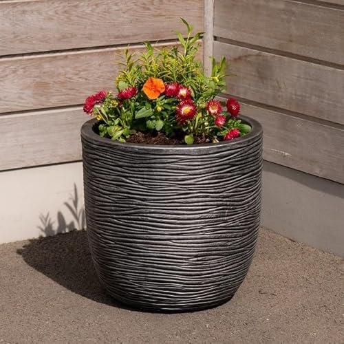 Shop4allsorts Small Grey Round Planter Stone Effect Decorative Plastic Patio Plant Pot 35cm x 34cm