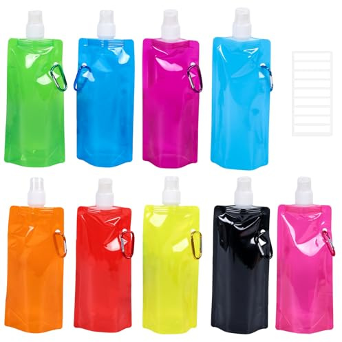9Pcs Foldable Reusable Water Bottle, 480ml Flexible No BPA Sports Drink Pouches With Carabiner Clip, Flexible Drink Pouches Bags With Clip For Outdoor Sports, Travel, Biking, Hiking