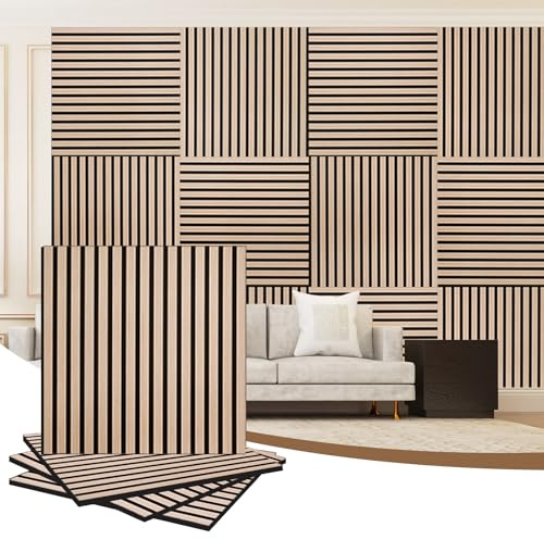 AKK-PANE 4 Pack Acoustic Wall Wood Panels - 600mm x 600mm 1.44 m²,3D Slat Wall Panelling for Wall and Ceiling,Sound Absorbing Wooden Wall Panels for Living Room,Bedroom,Office(Classic Oak 13#)
