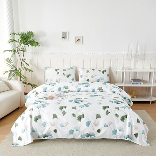 Juego de Sábanas 3 Piezas 120x190/200 cm, Sabanas Cama 120 Microfibra Cepillada Impresión,Sábanas Bajera Ajustable, Sabana Encimera Cama y 1 Funda de Almohada 50x80, Hoja de Ginkgo