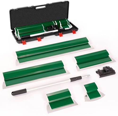 Donken Drywall Skimming Blade Set Plastering Tools with Plastic Case | 19+25+40+60+80cm, Aluminium Extension Pole, Smoothing Spatula Trowel Skim 0.5mm Stainless Steel Blades