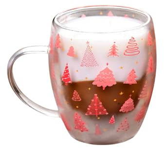 Ruarby Holiday Themed Double Wall Glass Mugs Christmas Tree Decorated Double Wall Glass Mugs for Hot/Cold Beverages Cute Glasswares for Home