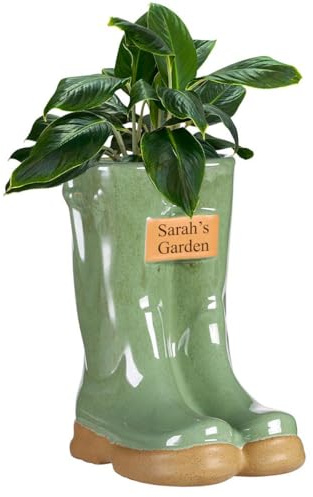 Ceramic Wellington Boot Plant Pot with Personalised Engraved Plaque (Green) | Drainage Hole, Removable Stopper, Wellington Boot, Welly Boot, Planter, Flower Pot, Gardening Gift