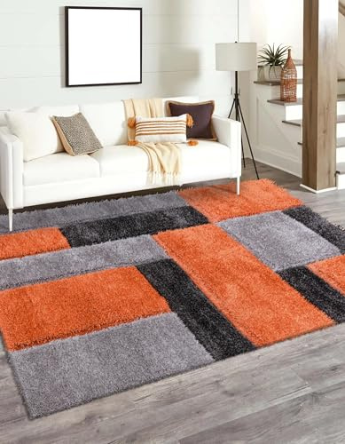 3D Modern Shaggy Area Rug – Geometric Design Pattern – Soft Thick High Pile Carpet for Living Room, Bedroom, Floor Mats Small Door Mats (Orange, 120 x 170 cm (3.94 x 5.58 ft))