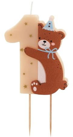 HIKIhooray Zahlenkerze 1. Geburtstag Teddy – 7 cm Tortendeko Kerze mit 2 Holzsteckern, Teddybär Motiv in Pastell mit goldenen Sternen – Cake Topper Baby