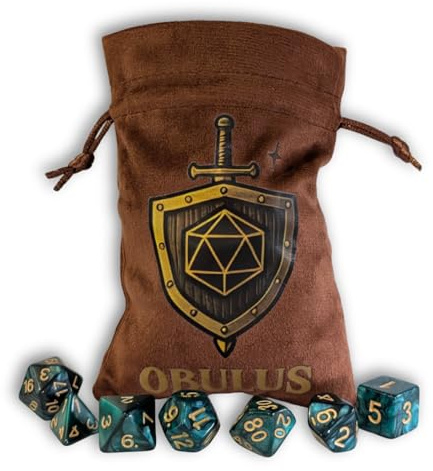 OBULUS Set med 7 polyhedrala tärningar RPG (D4-D6-D8-D10-D12-D20-D%) - marmorerade gröna rolltärningar med sammetspåse - DND-tillbehör, Pathfinder, JDR, bordsspel