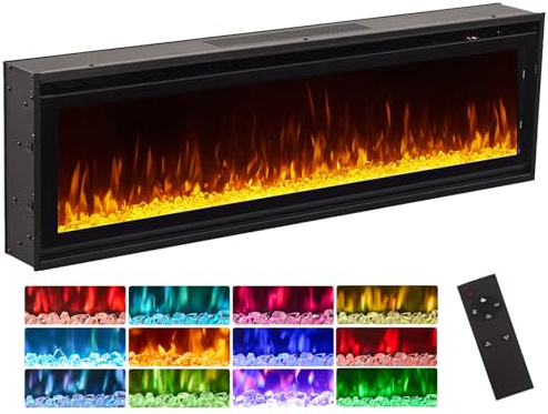 INMOZATA Electric Fire 60 inch/152cm Recessed & Wall Mounted Fireplace for Media Wall, Electric Fireplace with Remote Control, 12 LED Flame Colours, Ajustable Thermostat, 900W&1800W Heater