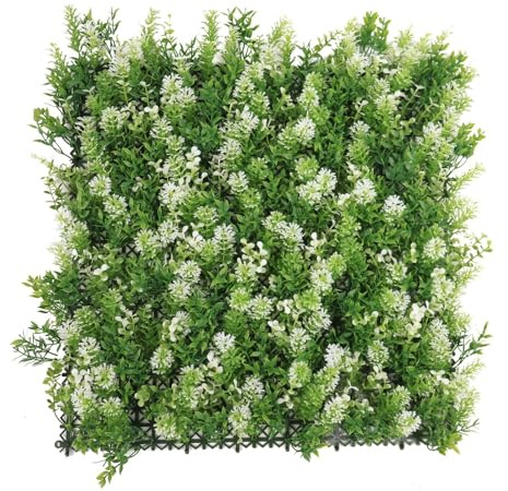 FEFE Pack of 12 x Artificial Leaves Flowers Willow Topiary Screen Wall Hedges Grass 50x50cm For Fences Indoor/Outdoor Garden (Green White)