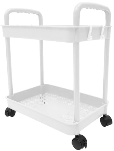 COOLHIYA Carrello Portaoggetti Ruote Mobili in PP a 2 Livelli Bianco Capacità di Carico Fino a 50kg, Robusto e Pratico per Camera da Letto e Ufficio