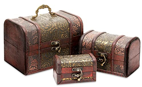 Schatztruhen aus Holz mit floralem Muster in Antik-Optik, Holzkisten mit Deckel und Verschluss, 3 Stück in 3 Größen