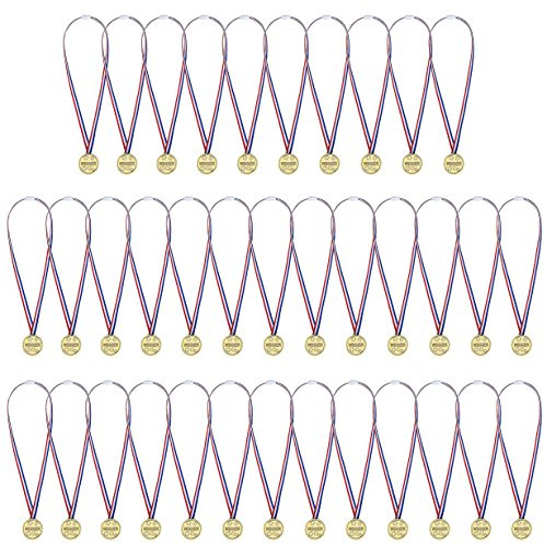 QH-Shop Gold Medaillen Kinder Gold Kunststoff Gewinner Medaillen mit Bändern für Kinder Party Wettbewerb Belohnung 36packs