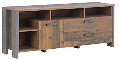 FORTE Clif TV-Unterschrank mit 1 Tür und 2 Schubladen, Holzwerkstoff, Old – Wood Vintage/ Betonoptik Dunkelgrau, 161 x 63,9 x 41,6 cm