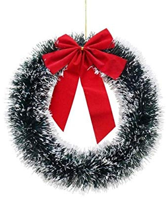 Lametta-Kranz mit Schleife, 33 cm, Weihnachtsdekoration, Dekoration für Türen, zum Aufhängen, saisonal, festlich, schneerot, Band rund