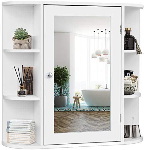 GOPLUS Spiegelschrank Holz mit Ablagen, Badschrank mit Spiegel, Hängeschrank Wandschrank Bad, 66 x 17 x 63 cm(Weiß)