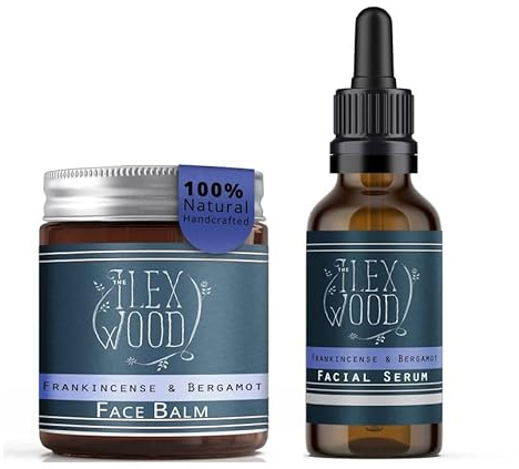 The Ilex Wood - Weihrauch- und Bergamotte-Geschenkset für Herren und Damen - Gesichtscreme und Serum - handgefertigt, 100% natürlich, vegan, Anti-Aging, tierversuchsfrei, palmölfrei, plastikfrei