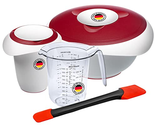 Westmark Koch- und Backset, 4tlg., Quirltopf 1 l, Rührschüssel 3,5 l je mit Deckel, Messkanne 1 l und Teigschaber, Kunststoff/Silikon, Duo, Transparent/Weiß/Rot/Schwarz, 315122E8, 28,0 x 28,0 x 22,0