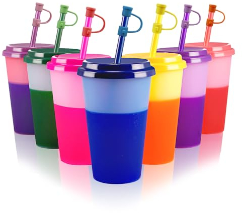 Patinao 7 Pack Color Changing Cups Tumblers with Lids & Straws - 12oz Reusable Plastic Kids Drinking Cups Bulk Party Sippy Cups Cold Water Cup Set for Childrens (with Silicone Straw Cover)