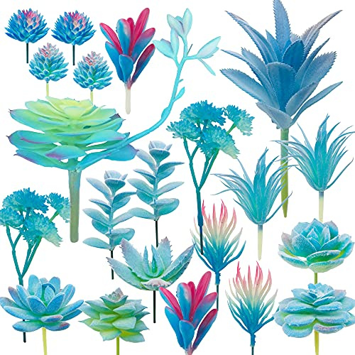 Woohome NA 20 PCS Artificial Succulent Plants, Blue Fake Succulent, Unpotted Faux Succulent Assortment in Flocked Blue in Different Type for Birthday Home Decor Indoor Wall Garden DIY