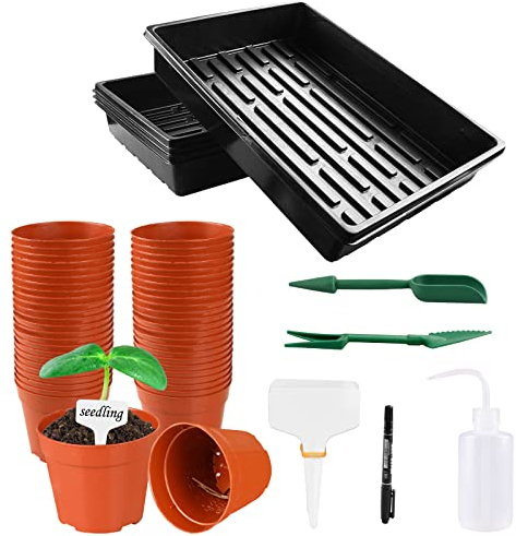 Lechansen Pots de Fleurs Pépinières en Plastique avec Culture Plateau Outils, 8 cm 50 Pots avec Semence Bac de Semis Réutilisables de Multifonctionnels Récipient pour Graines Germination Petit Pot