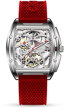 CIGA Design Automatik Uhr Herren - Z Serie Armbanduhr Tonneau Mechanische Skelettuhr Edelstahl Saphirglas mit Leder- und Silikonarmband(Rot)