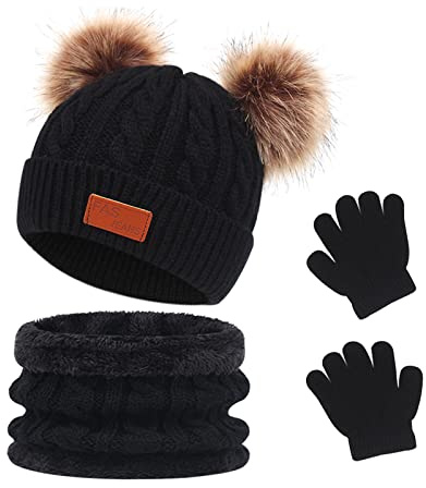 Waylipun Ensemble Bonnet, écharpe et Gants pour Enfants Garçon Fille, 1-5 Ans, Bonnets Tricotés avec Pompon et Snood Gant pour Garçons Filles (Noir)