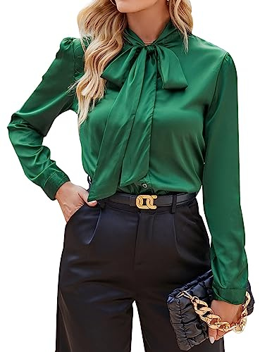MINTLIMIT Women's Silk Blouses Long Sleeve Satin Button Down Shirt Work Office Elegant Bow Tie Neck Silk Shirts Ladies Top Green