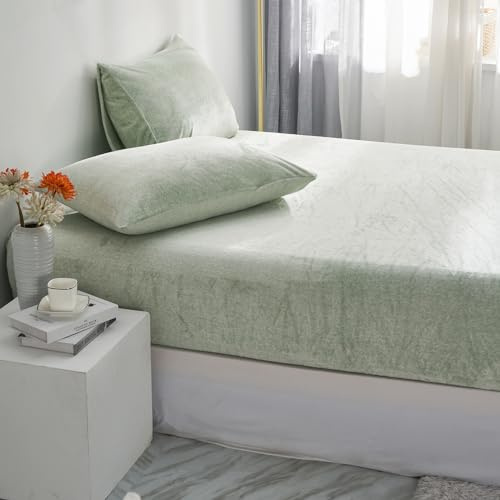 Flanell Spannbettlaken 90x200cm Plüsch Hellgrün Grün Kuschelige Winter Warm Boxspringbett Frottee Bettlaken Spannbetttuch Uni Spannbetttücher Set Leintuch 90 x 200 für Hohe Matratze Steghöhe 25-30cm