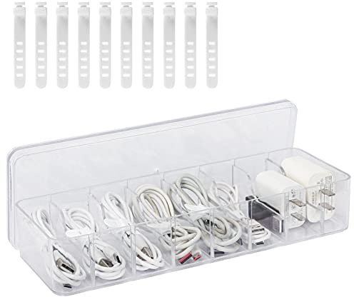WWW Cable Storage Box,Transparent 8 Grids Storage Power Cord/Cable/Socket Sorting Case,Organize Small Items Stationery Management Box with 10 Cable Straps