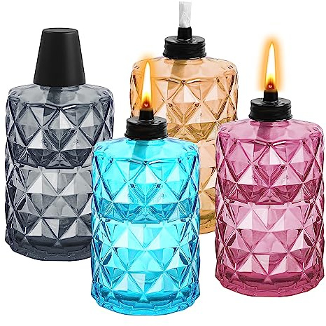 FAN-Torches 4 Pack Glass Table top Torch,12 oz Citronella Torches for Outside,Refillable Flame Light Torch with Wicks and Covers, Landscape Lanterns Torches for Yard,Patio, Garden,Party Decor, DIY.