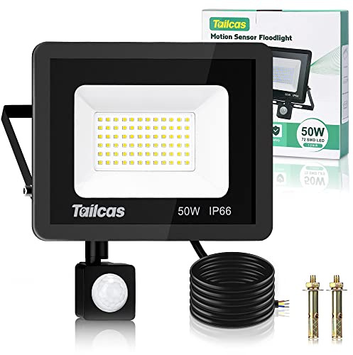 Tailcas LED Strahler mit Bewegungsmelder Außen 50W, 6500K 4500LM Kaltweiß | 72 LEDs Superhell LED Fluter, IP66 Wasserdicht Flutlichtstrahler Scheinwerfer Licht Wandleuchte für Hof, Garage, Garten