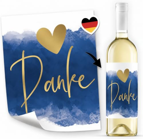 Einladungskarten Manufaktur Hamburg 8 Flaschenetiketten selbstklebend | Etikett Danke Bedanken Danke sagen Danke Blau Gold Look - Flaschen Aufkleber für Wein oder Sekt