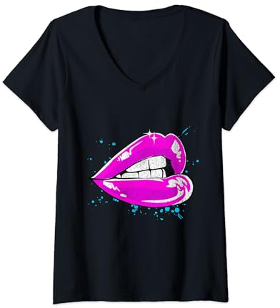 Große Lippen mit rosa Lippenstift, 80er Jahre 1980er Valentinstag Grafik T-Shirt mit V-Ausschnitt