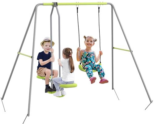 Outsunny Balançoire portique pour Enfant 2 en 1 avec 1 agrès et 1 Face à Face, balançoire pour Enfant, de 3 à 8 Ans, 255 x 160 x 180 cm, Charge Max. 135 kg, Structure en métal, Vert Gris