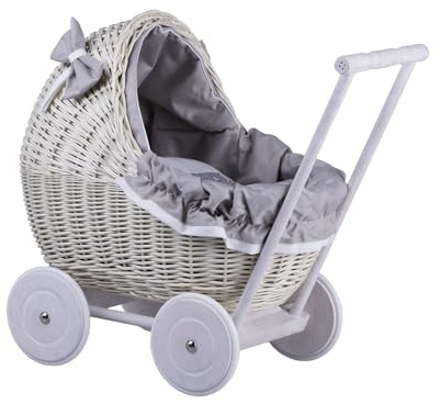e-wicker24 Alles aus Weide Puppenwagen aus Weide, cremeweiß, Griff und Rollen aus Holz mit grauem Stoff, Mickeygrau (grau)