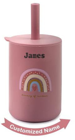 TYRY.HU Tasses avec Paille Nom Personnalisé Enfant Silicone Gobelet d'entraînement pour Bébé Dinky Cup et Tout-petit Tasse Apprentissage Rose Clair