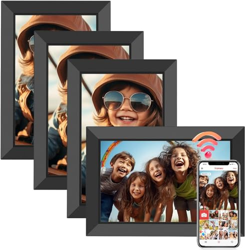 Frameo Marco de Fotos Digital WiFi 10.1 Pulgadas, Memoria Incorporada 32GB, HD 1280x800 IPS, Pantalla Táctil para Fotos/Videos, Soporte Multilingüe, Rotación Automática, Montaje en Pared(4 Paquetes)