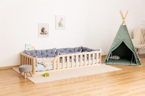 Mandrele - Montessori Bodenbett mit Lattenrost und Rausfallschutz, Kinderbett aus Kiefernholz für Jungen und Mädchen, 80x160 cm, Natur