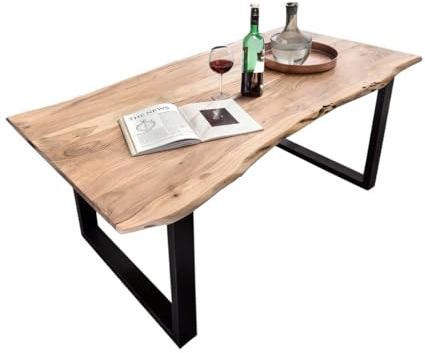 Liadomo Esstisch 140x80 Sammy Natur, Baumkantentisch, Akazie Massivholz Tisch, 26mm Tischplatte Lackiert, Robust & Pflegeleicht, Unikat, U-Gestell Metall in Schwarz