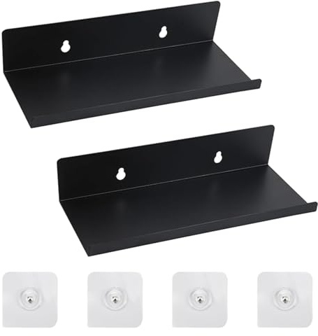 Alriedy 2 Stück Selbstklebendes Kleines Wandregal (Schweberegal & Wandboard), Hängeregal/Floating Shelves für Badezimmer & Küche, Ohne Bohren, Schwarz Metall 20x10x4cm, Tragkraft 10kg