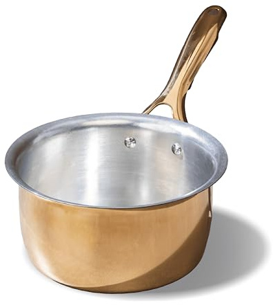 P-TAL Brass Saucepan 1.9 Qts with Insulated Heat-Resistant Handle | Tin Coated, Chemical-Free and Non-Stick Tea Pan (Free 30ml Copper & Brass Cleaning Solution)