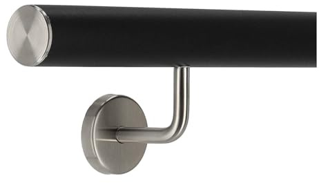 TIBU Pasamanos de aluminio negro 30 – 600 cm, pasamanos de pared para escaleras soporte de acero inoxidable en ángulo, longitud 60 cm con 2 soportes y tapa recta