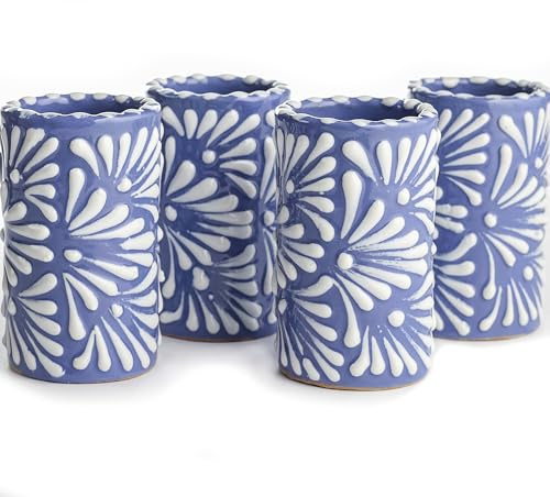 MEXTEQUIL Talavera Schnapsgläser, Set mit 4 authentischen mexikanischen Tequila-Schnapsgläsern, handbemalt, 57 ml, weißer Pinselstrich-blauer Hintergrund