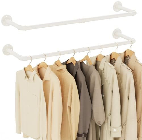 Yawinhe YMG002BW-2 Klädstänger, 94 cm, rörstativ, industriellt rörstativ, väggmonterad, platsbesparande hylla, kökshylla, för butik och hem, krämfärgad, 2 stycken | Klädhängare för industriell slang, vägghängare, industriell vägghängare, avtagbar hängare, för balkong och sovrum