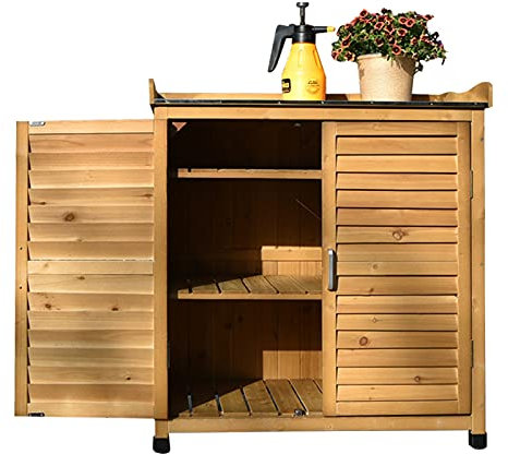 ZHSYXLB Tavolo da Lavoro per Giardino, Tavolo da Lavoro in Metallo con mobiletto e Gancio, Legno Naturale di Abete, Protezione Solare Antipioggia, mobiletto di stoaggio per Ingresso Balcone Cortile