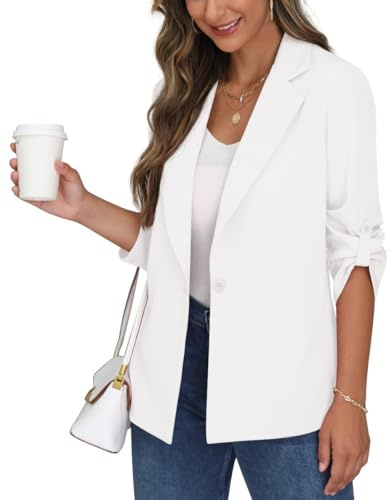 PrinStory Blazer pour femme à manches réglables avec poches, col à revers, boutons ouverts sur le devant